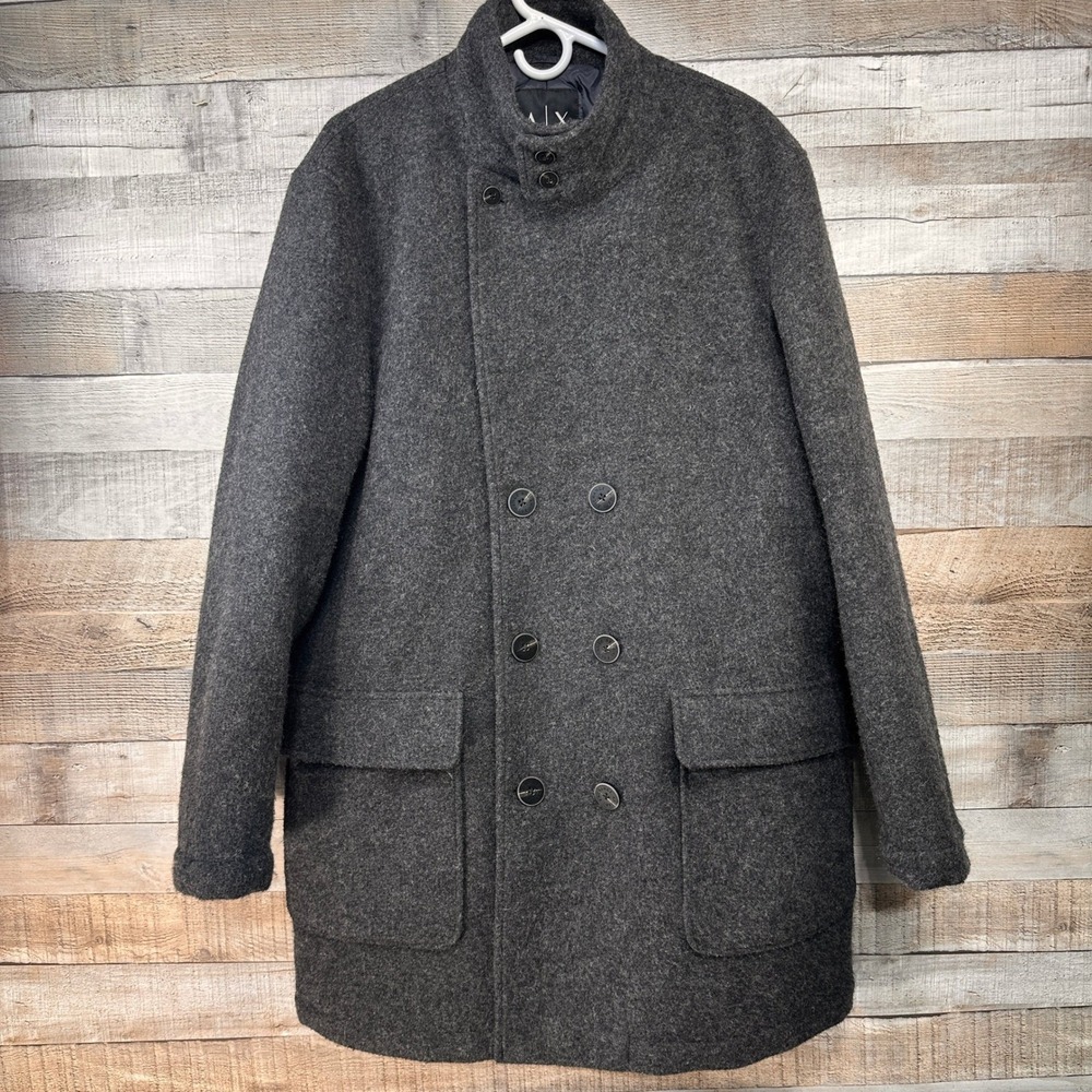 Armani Exchange Mens XL Charcoal Gray Wool Blend Double Breasted Overcoat